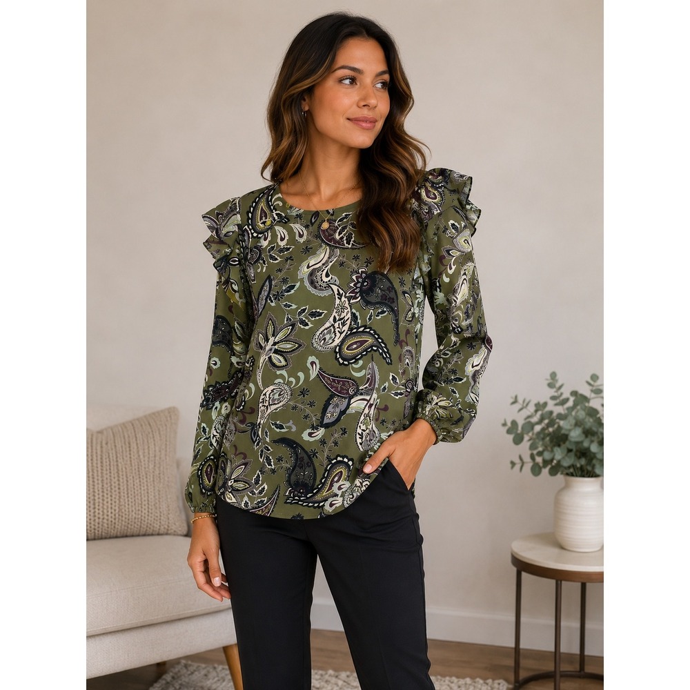 Loft Outlet Womens Medium Olive Green Paisley Ruffle Shoulder Button Blouse Top